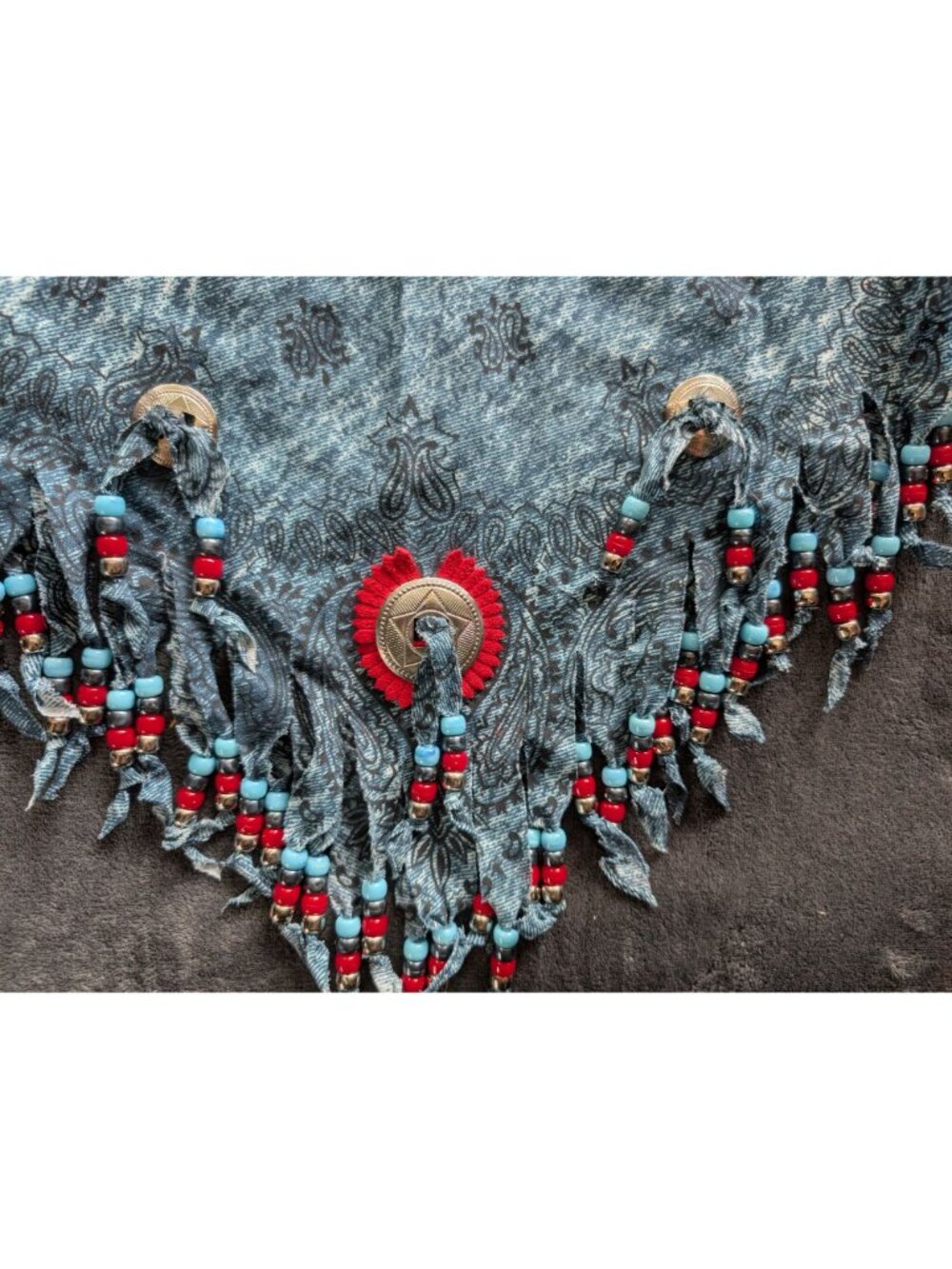 Western-Style Denim Print Bandana With Red & Blue Beaded Fringe & Concho Accents - Picture 3 of 5